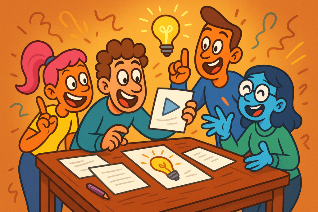 Brightly colored cartoon characters gather around a desk, brainstorming video ideas with visible energy and creativity.