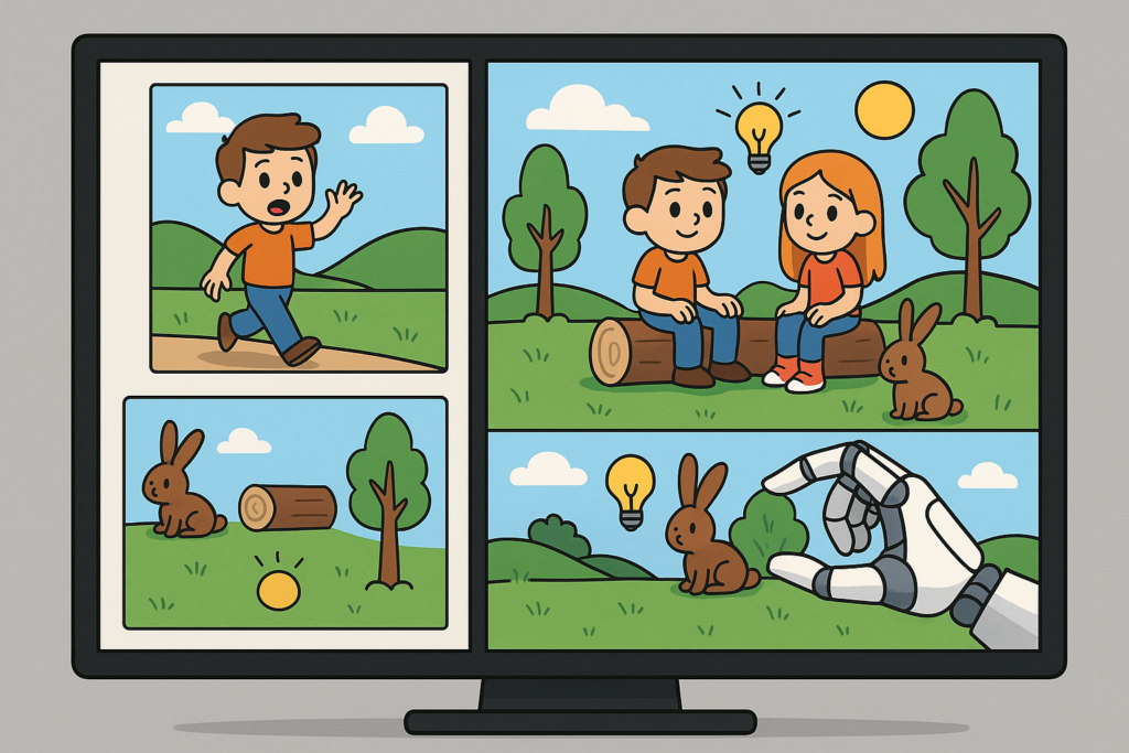 A computer screen displaying an AI interface where cartoon scenes are being assembled in real time.
