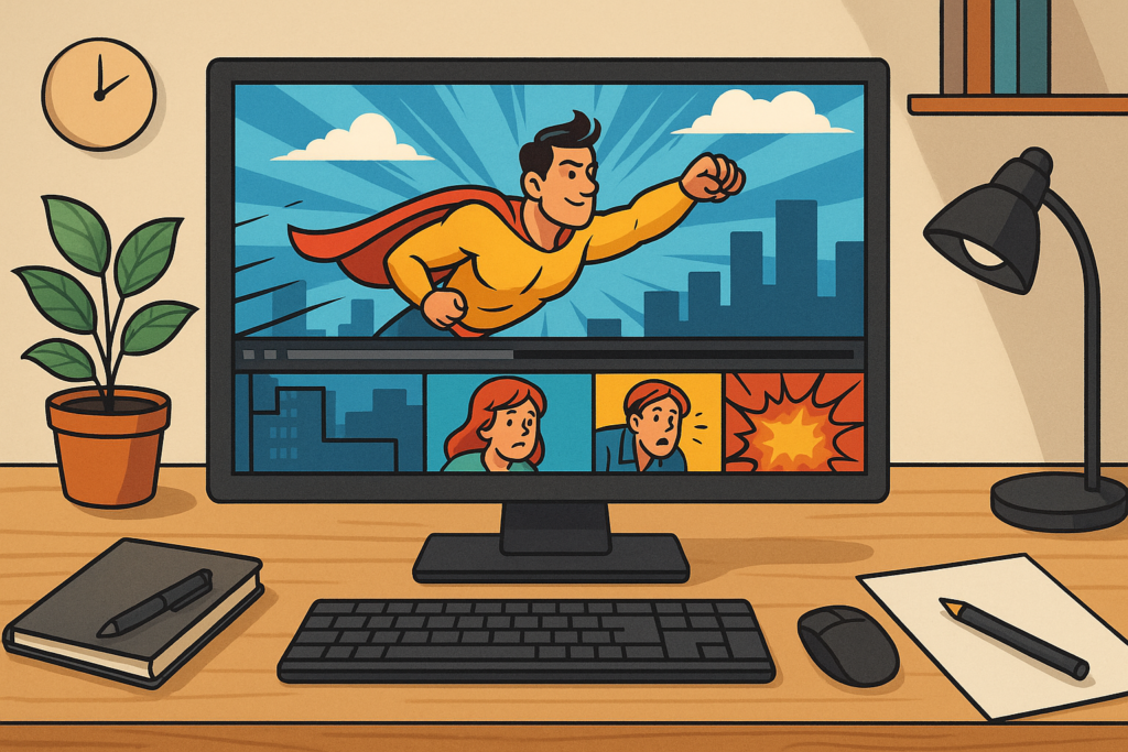 A workspace showing a computer screen with the Comic Videos AI dashboard open, showcasing a colorful, comic-style video in process.