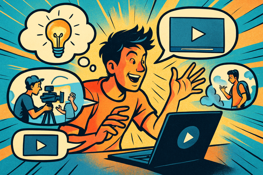 A dynamic illustration of a creator surrounded by comic bubbles and captions, showing how the AI translates ideas into video formats.