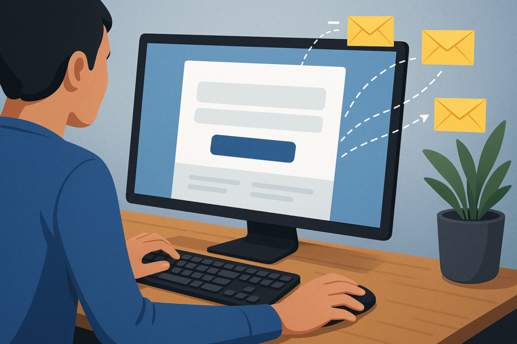 A person successfully setting up a squeeze page on a desktop computer with email signup notifications flowing in