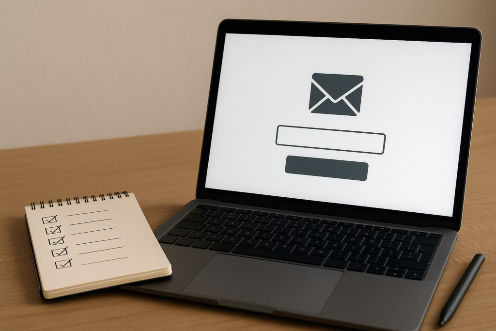 A laptop displaying a live email signup page, surrounded by a notepad with list-building tasks ticked off