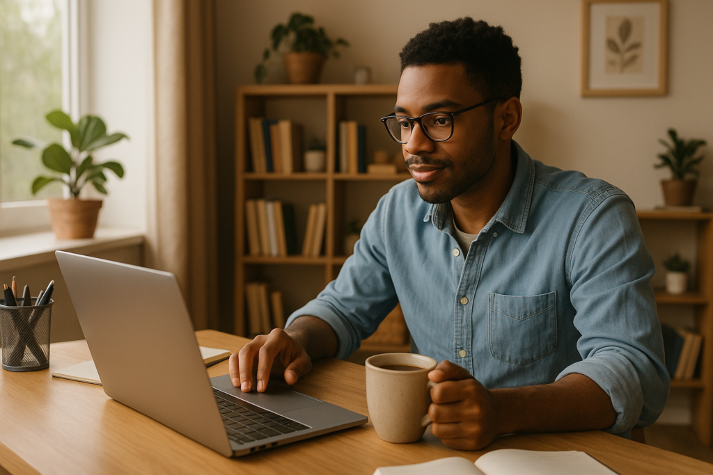 An aspiring entrepreneur working on a laptop at a cozy home office with a cup of coffee