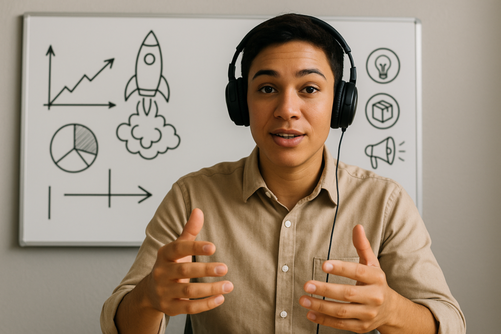 A marketer in a virtual meeting explaining a product launch with a whiteboard behind them